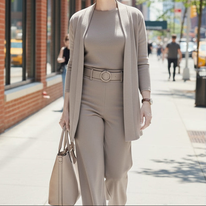 Dreiteiliges Ensemble mit Cardigan, Oberteil und Hose